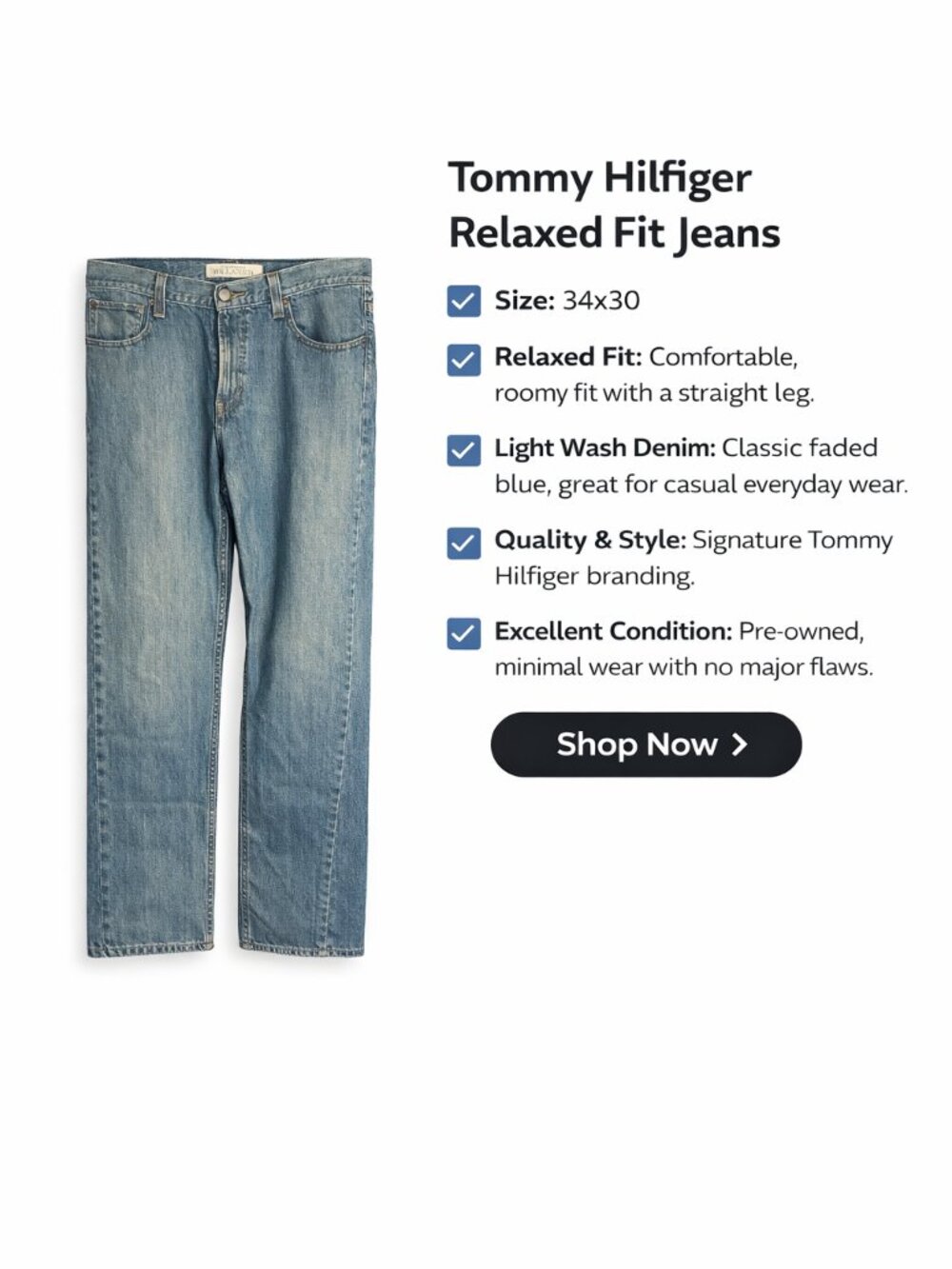 Tommy Hilfiger Relaxed Fit Jeans Men’s 34x30 Light Wash Straight Leg Denim